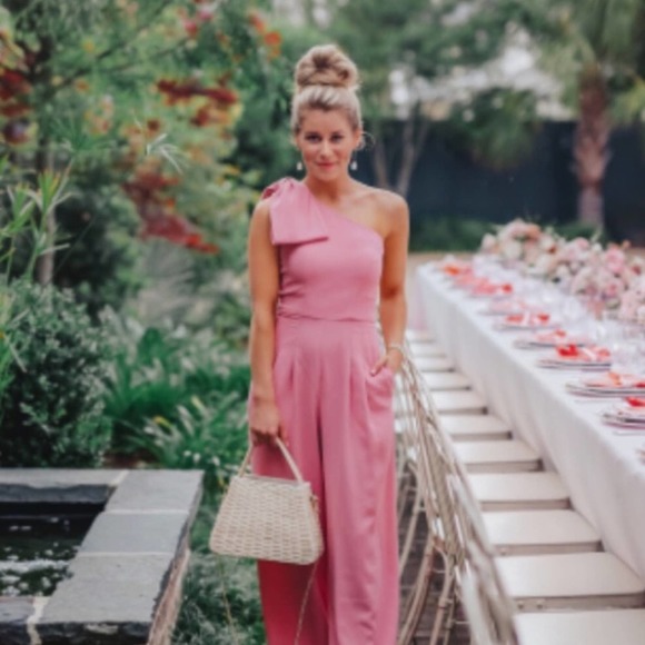NWT Gal Meets Glam Pink One Shoulder Sylvia Bow Jumpsuit 00 - Picture 3 of 7